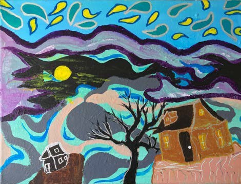 a drawing of an town at night, with the sky lit up by the moon and stars. Also there is a tree with no leaves
