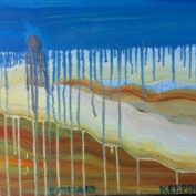 Blue paint drips over an abstract desert scene and shaded figure.