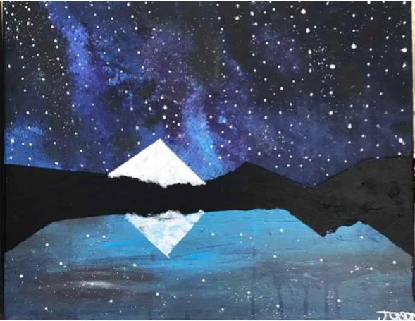 Star Lit night with mountains in the background and a bright, reflective lake