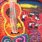 a guitar with musical notes with a background made of dots and many colors
